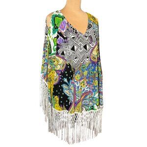 Chico’s Fringe Tunic Top Sz.XXL Multi Paisley Cold Shoulder Boho Eclectic Artsy